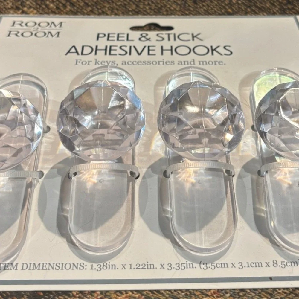 Room 2 Room 4 Pack‎ Peel & Stick Adhesive Hooks Faux Crystal Clear Acrylic Knobs